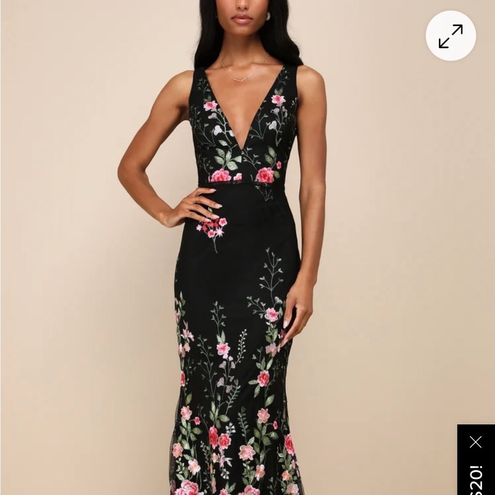 Soiree Blossom Black Floral Embroidered Mermaid Maxi Dress Lulus M